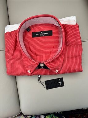 Ted Lapidus Men’s Red Pinstripe Short Sleeve Linen Button-Down Shirt Brand New